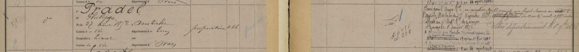 Registre matricule de Philippe I Pradel, classe 1872, matricule 254.