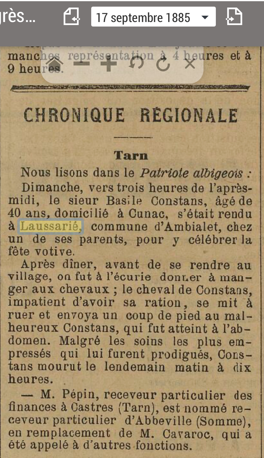 Chronique régionale du 17 septembre 1885 rapportant la mort accidentelle de Basile Constans à Laussarié, lors de la fête votive
