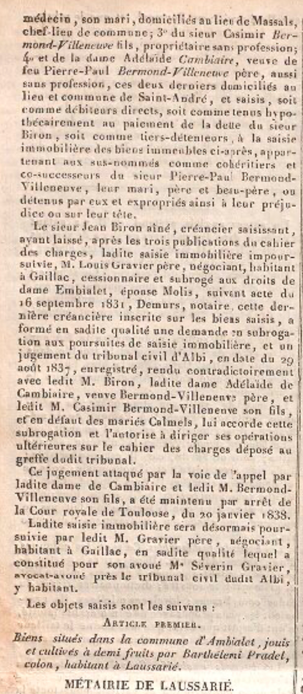 Suite de l'annonce nommant les débiteurs Bermond-Villeneuve, Adélaïde Cambiaire et Casimir Calmels, avec l'avocat Séverin Gravier