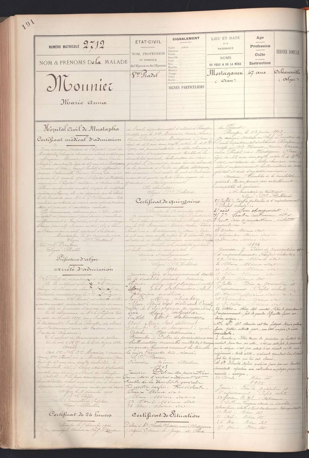 Fiche d'admission de Marie Anna Mounier, veuve Pradel, matricule 2712. AD Var, 17 X.