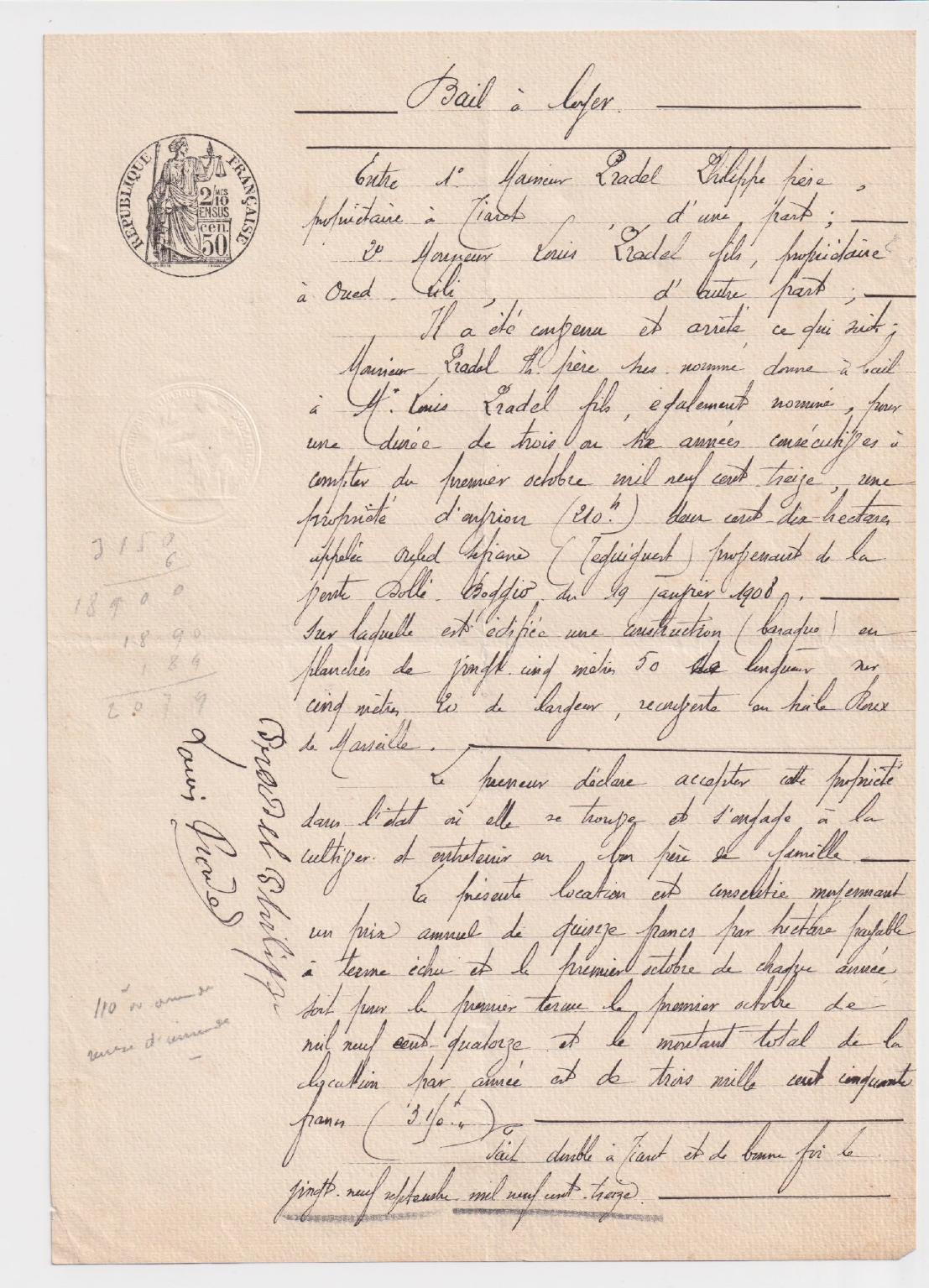 Bail à fermage du 29 septembre 1913