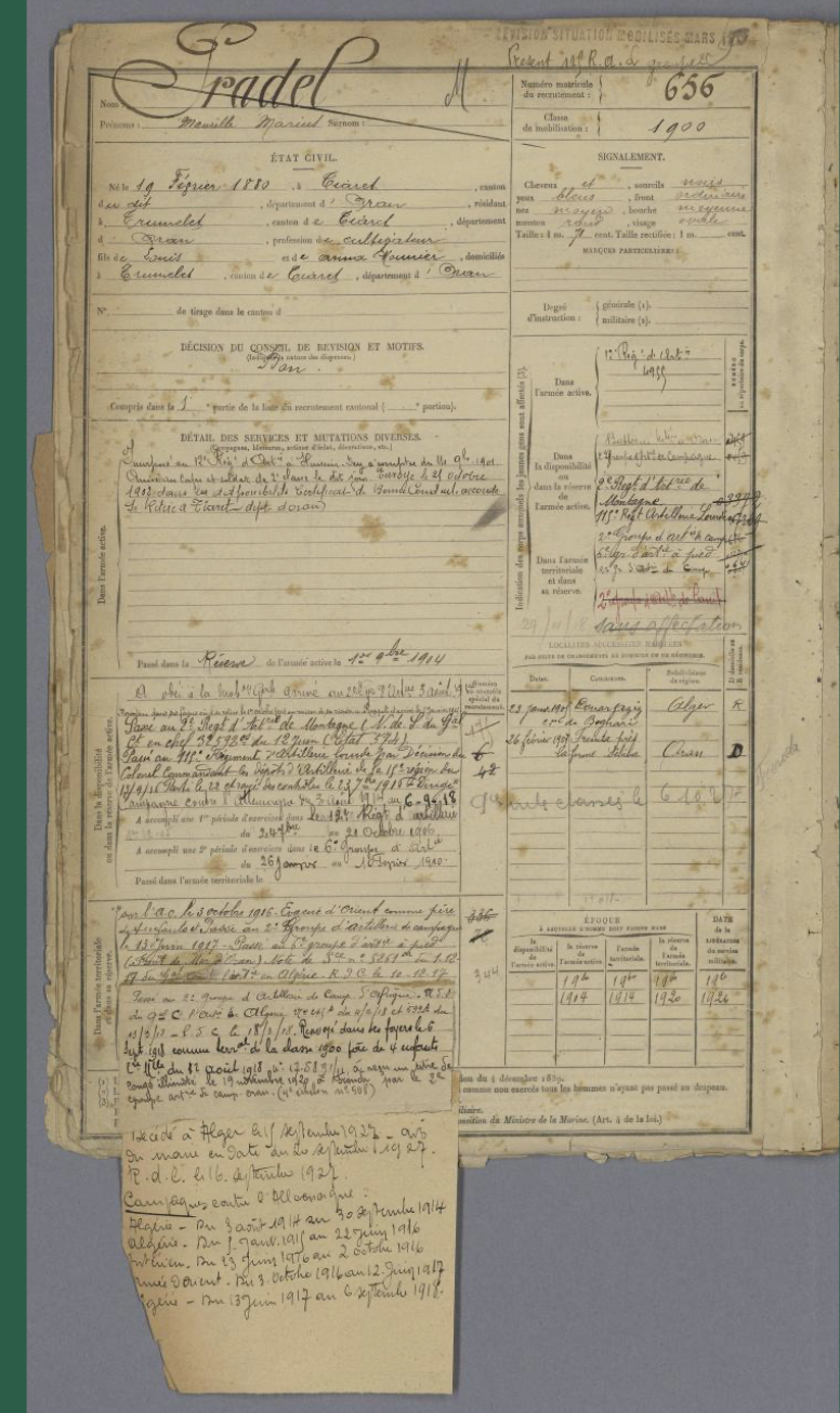 Fiche matricule de Maurille Marius Pradel, classe 1900, matricule 656.