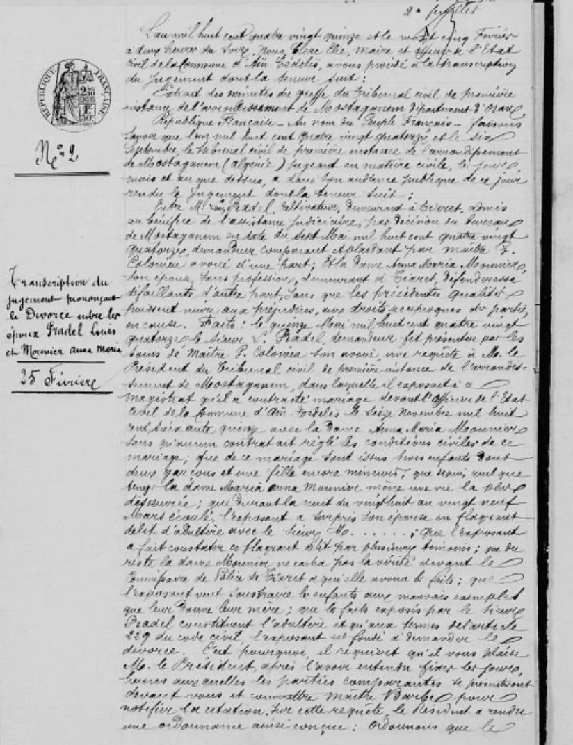 Acte de divorce de Louis I Pradel et Anna Maria Mounier — transcription du jugement, page 1.