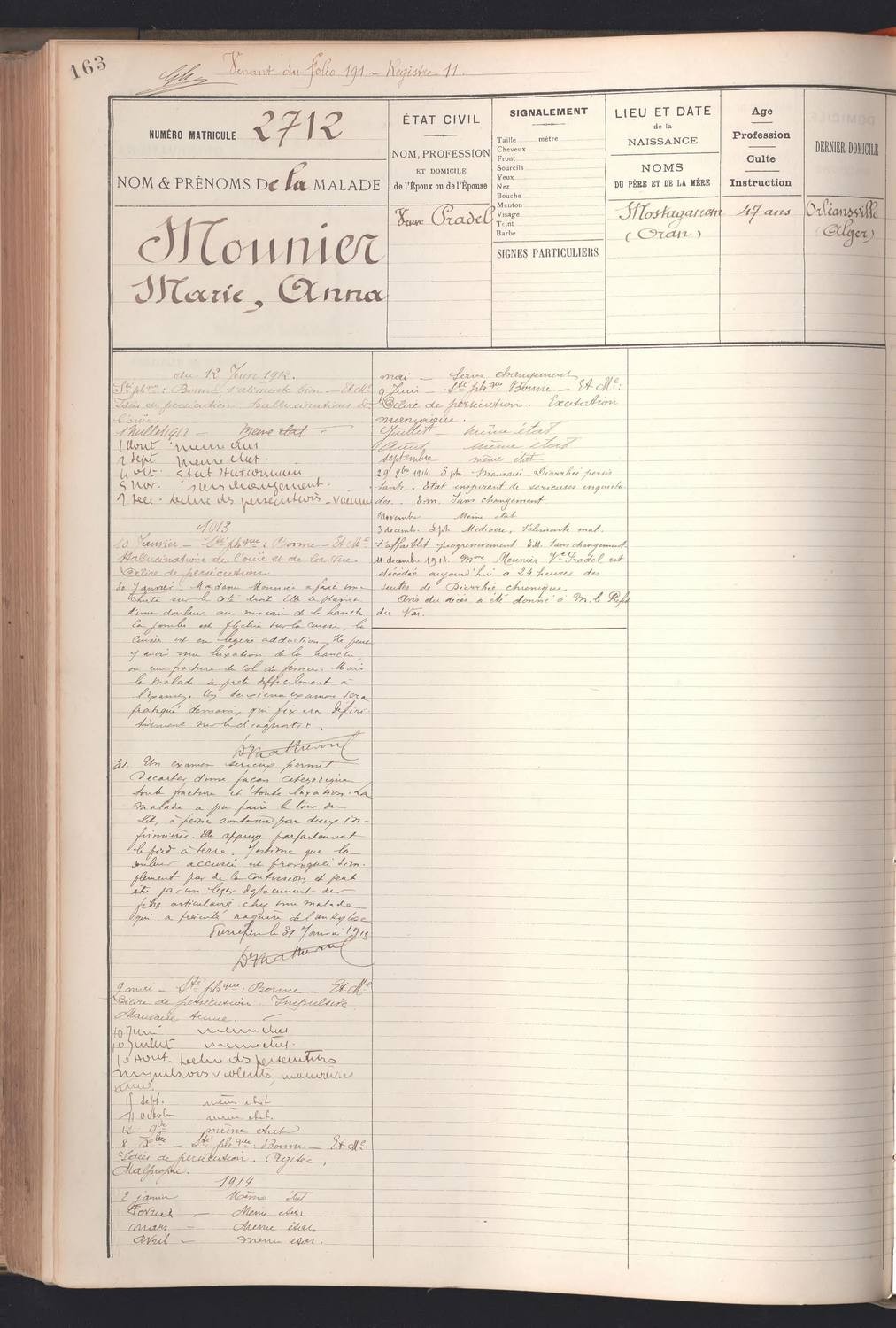 Registre d'observation médicale, 1912-1914, avec la mention du décès.