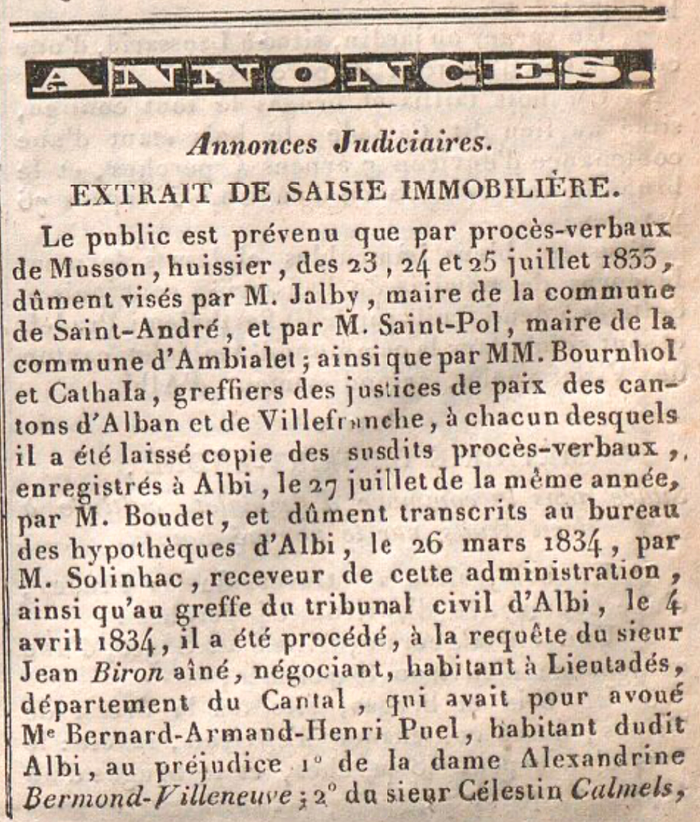 En-tête « Annonces judiciaires — Extrait de saisie immobilière » (Journal du Tarn, 28 février 1838)