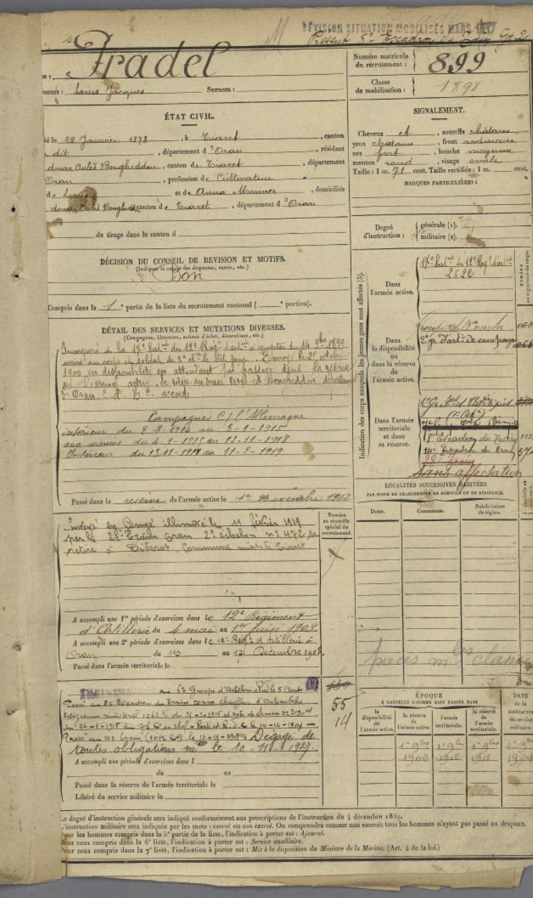Fiche matricule de Louis II Pradel, classe 1898, matricule 899.