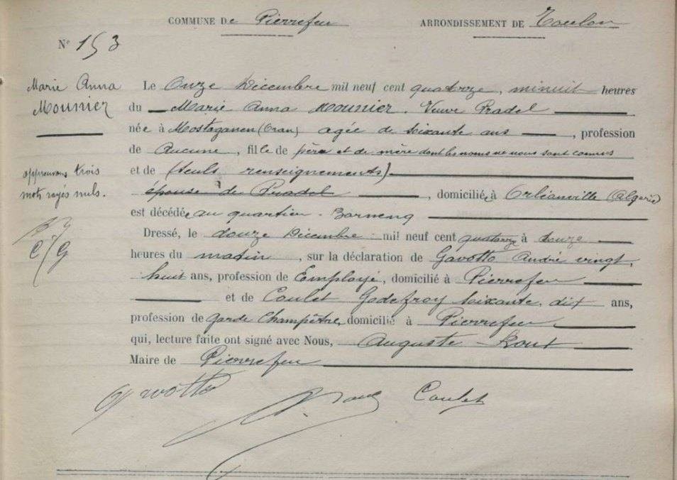 Acte de décès n° 153, mairie de Pierrefeu-du-Var, 12 décembre 1914.