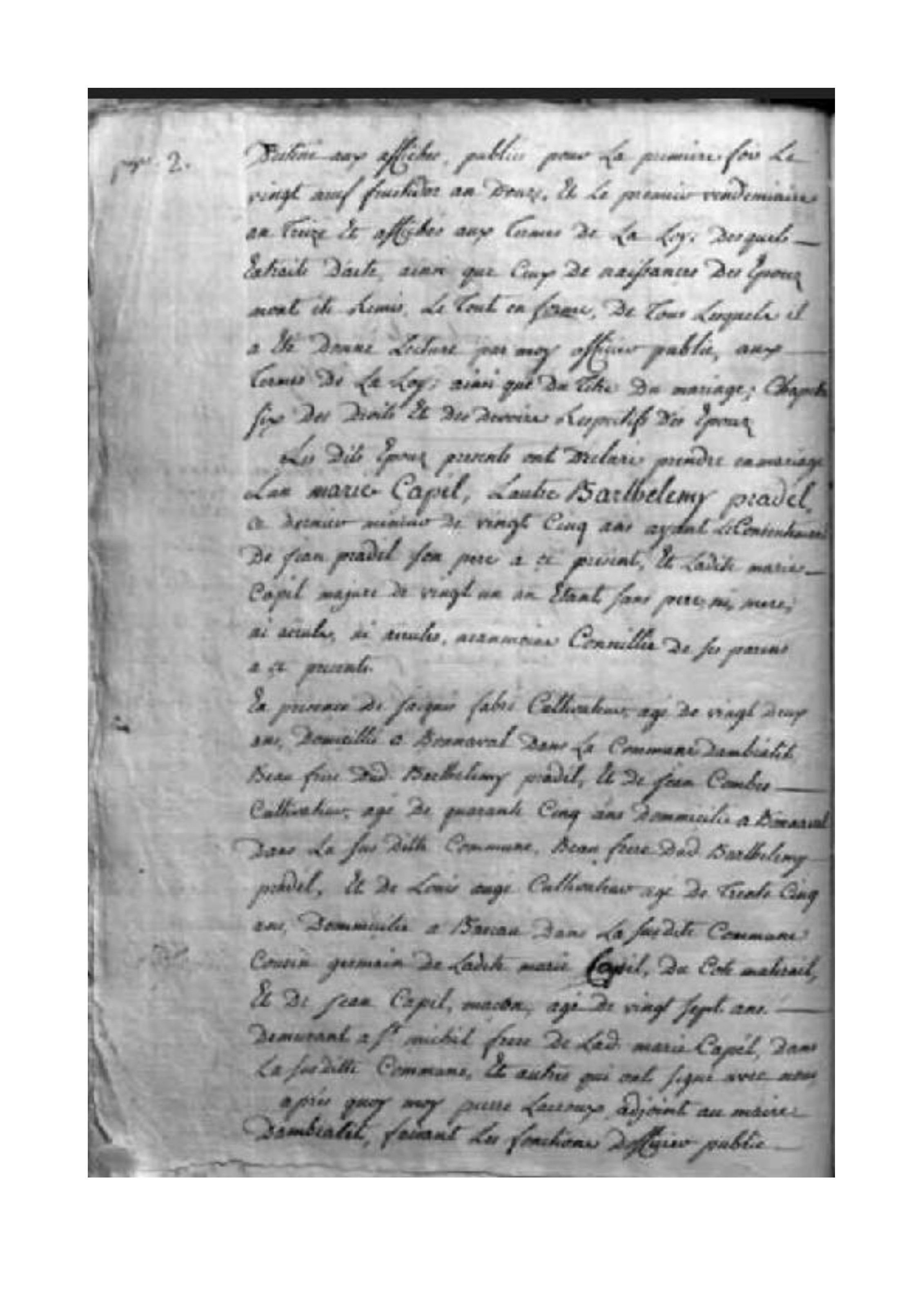 Acte de mariage de Barthélemy Pradel et Marie Capel, Ambialet, 5 vendémiaire an XIII, première page