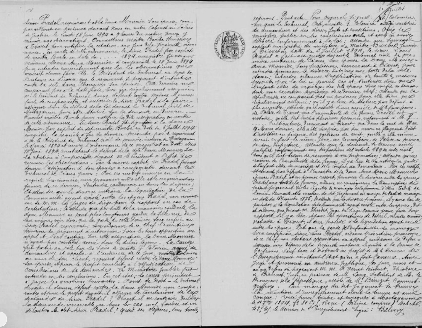Acte de divorce de Louis I Pradel et Anna Maria Mounier — transcription du jugement, page 2.