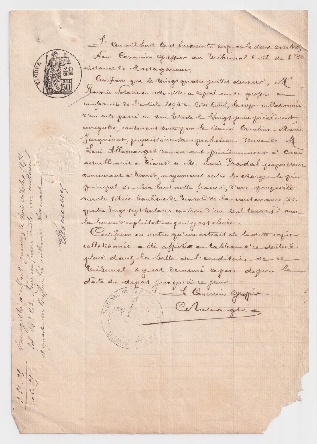 Certificat de dépôt du 2 octobre 1876