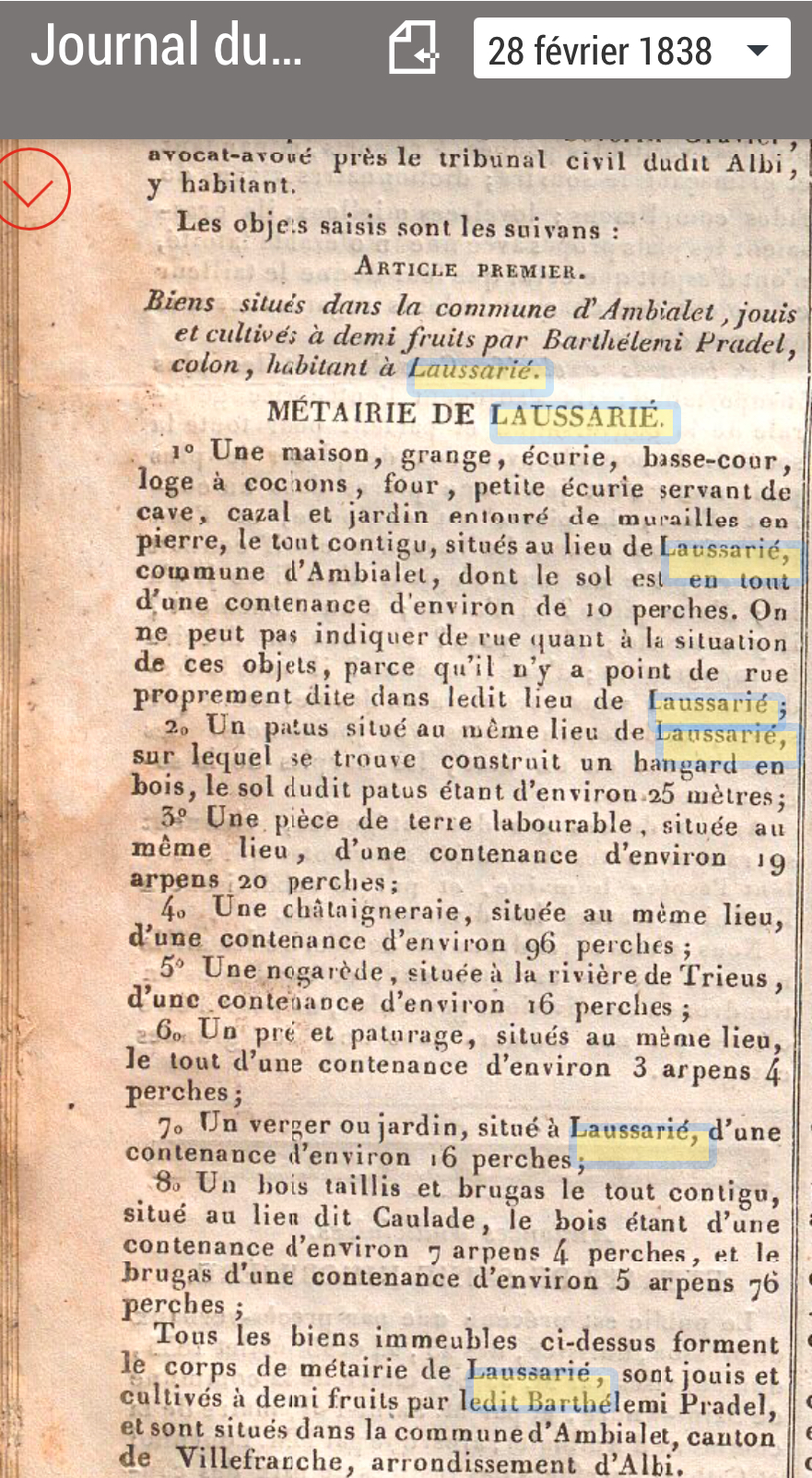 « Article premier — Métairie de Laussarié » : inventaire détaillé des huit lots saisis (maison, terres, châtaigneraie, nogarède, pré, verger, bois)