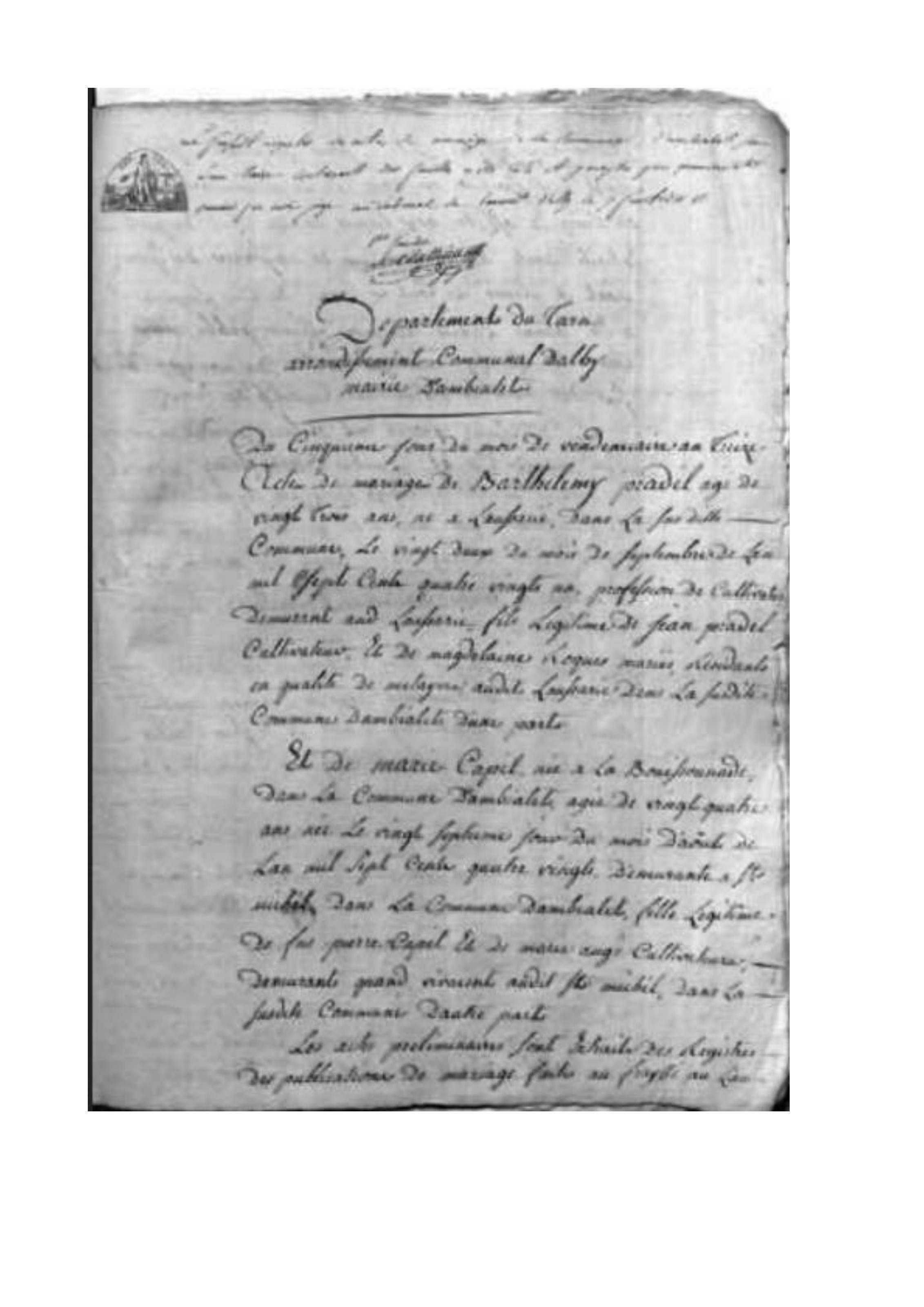 Acte de mariage de Barthélemy Pradel et Marie Capel, Ambialet, 5 vendémiaire an XIII, seconde page