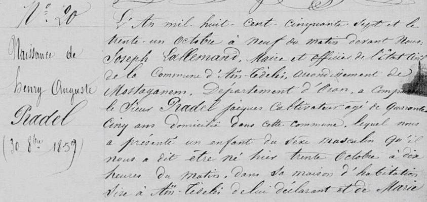 Acte d&rsquo;état civil, 1859, portant le nom Pradel. Situé dans le même dossier que l&rsquo;acte de naissance d&rsquo;Henry Pradel, né à Bellevue (Souk el Mitou) en 1857, un des t