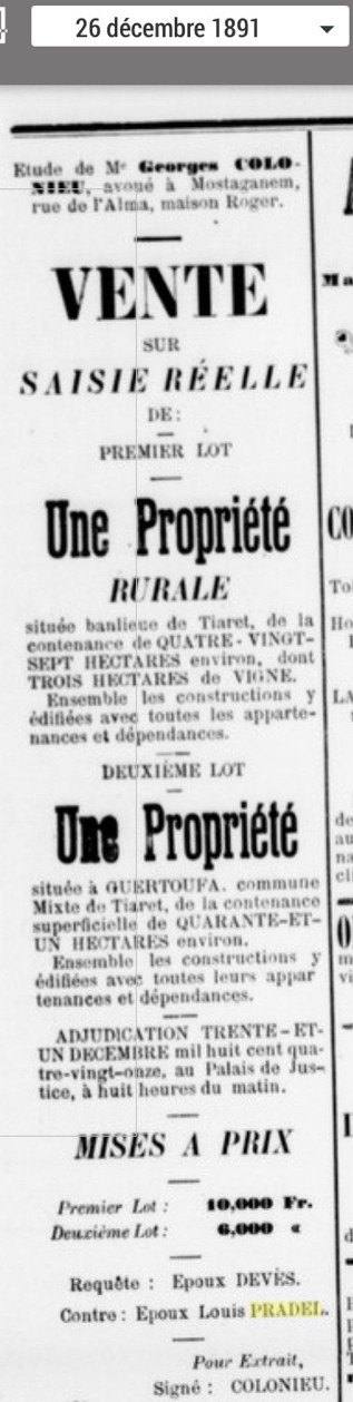 L'Écho d'Oran, 26 décembre 1891 : vente sur saisie réelle des 128 hectares de la ruine de Louis I.