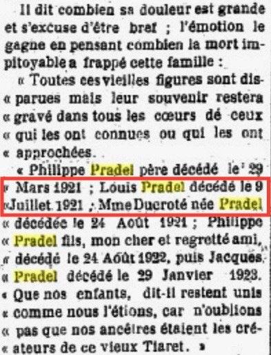 L&rsquo;Écho de Tiaret, 3 février 1923 : l&rsquo;éloge funèbre de Jacques II, qui donne d&rsquo;un coup les cinq dates de la famille (Philippe I, Louis I, Mme Ducroté, Philippe II,