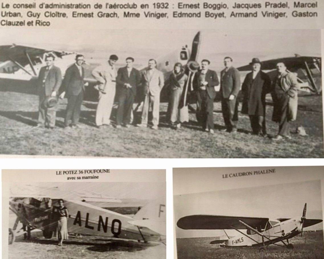 Le conseil d&rsquo;administration de l&rsquo;aéroclub de Tiaret en 1932, fondé par Jacques III. En dessous : le Potez 36 « Foufoune » et le Caudron « Phalène ».