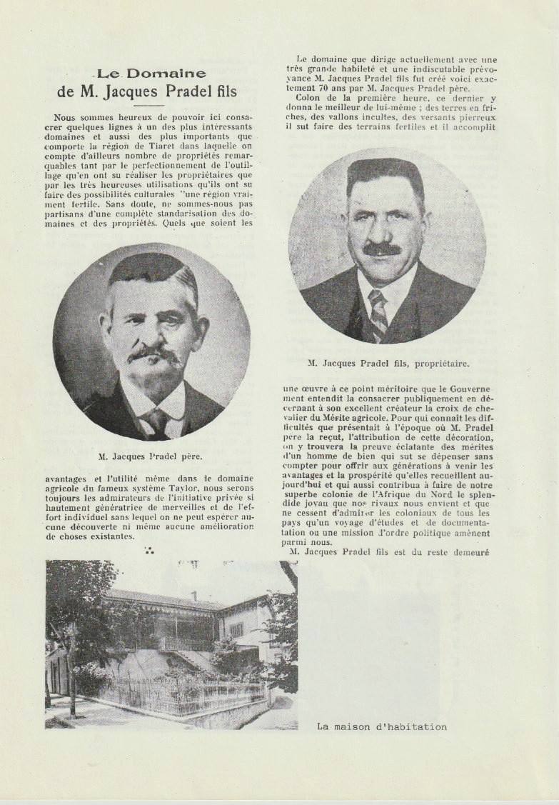 « Le Domaine de M. Jacques Pradel fils ». En tête, deux portraits : M. Jacques Pradel père et M. Jacques Pradel fils, le propriétaire. En bas, la maison d&rsquo;exploitation. La mo