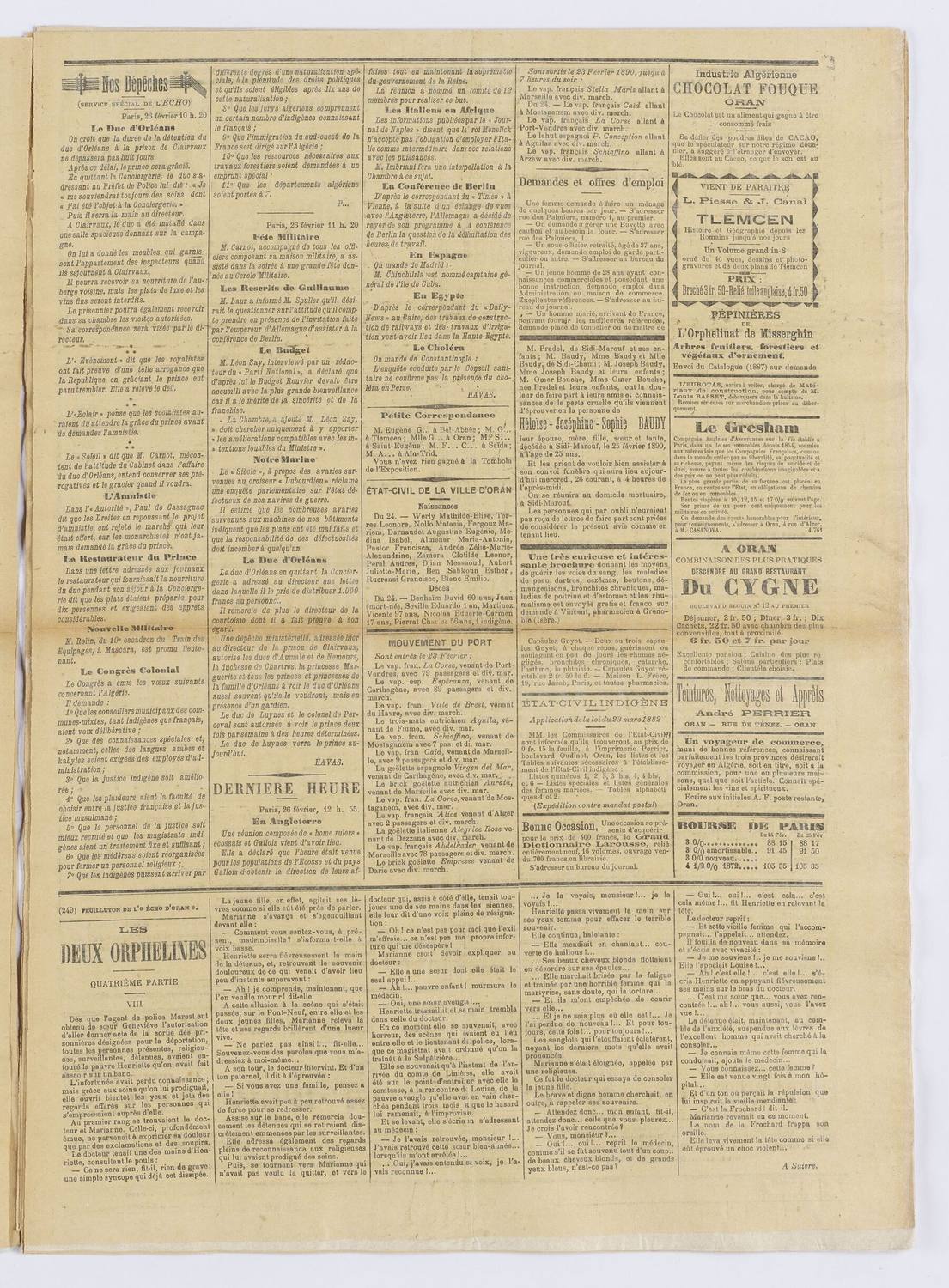 L&rsquo;Écho d&rsquo;Oran, 27 février 1890 — page entière.