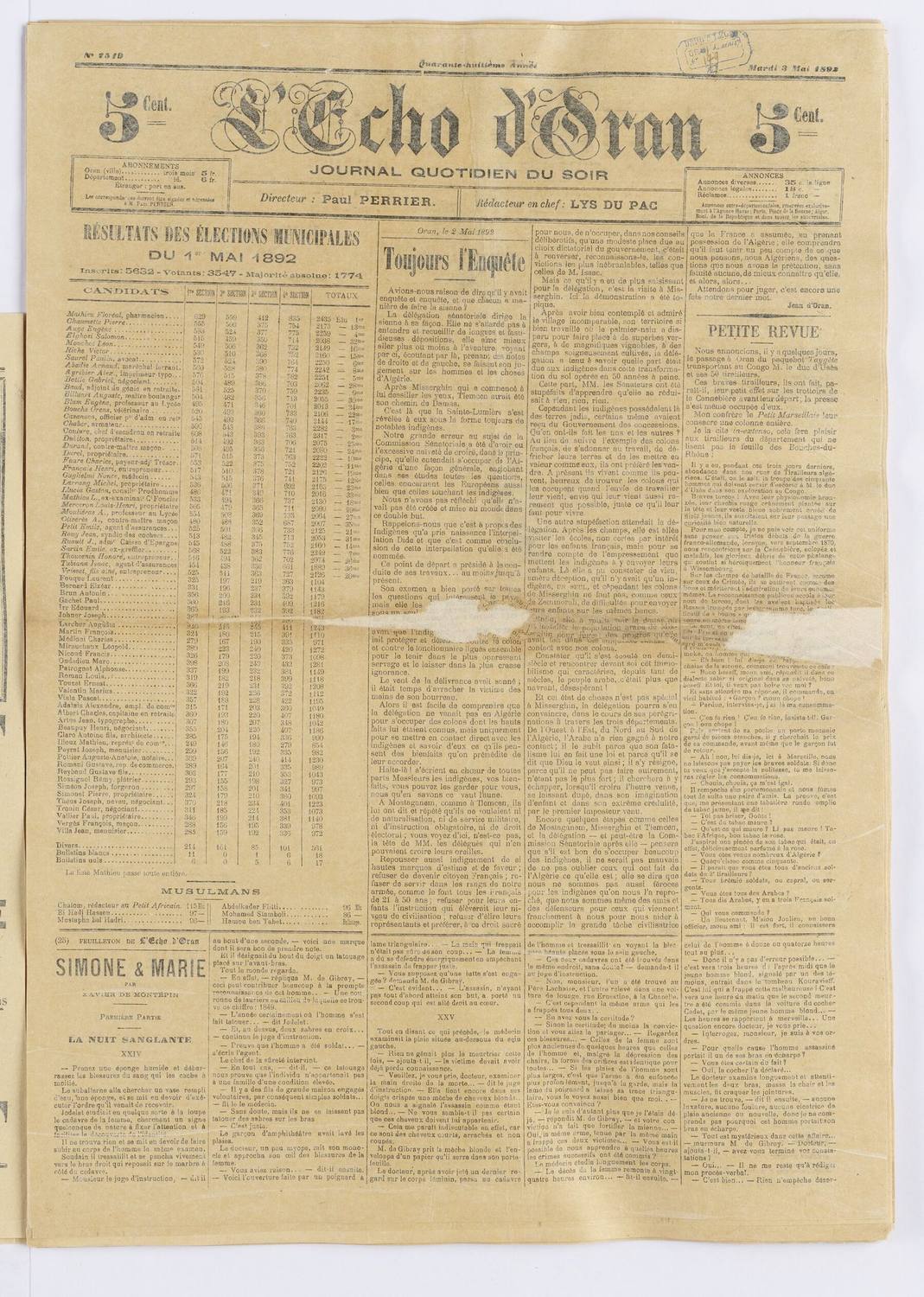 L&rsquo;Écho d&rsquo;Oran, 3 mai 1892 — page entière. Élections municipales de Tiaret.