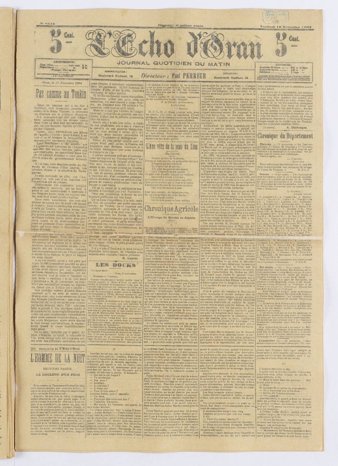 L&rsquo;Écho d&rsquo;Oran, 16 novembre 1894 : Philippe Pradel demande à la Préfecture l&rsquo;autorisation d&rsquo;attaquer en justice pour la démolition d&rsquo;un barrage. Les Pr