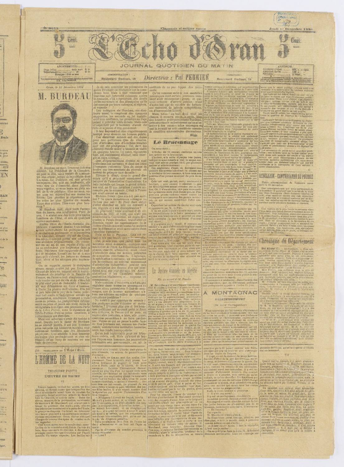 L&rsquo;Écho d&rsquo;Oran, 13 décembre 1894 : « Location des carrières communales : M. Jacques Pradel, moyennant un loyer de 270 francs par an. »