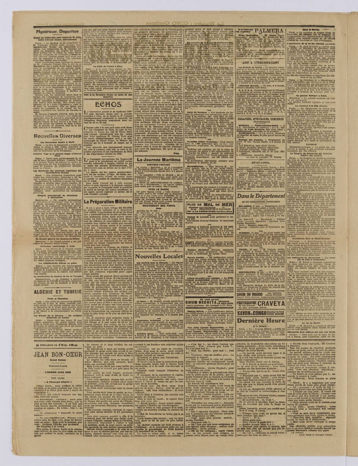 L&rsquo;Écho d&rsquo;Oran (passagers), 18 mai 1911 — page entière. Départ pour Marseille.