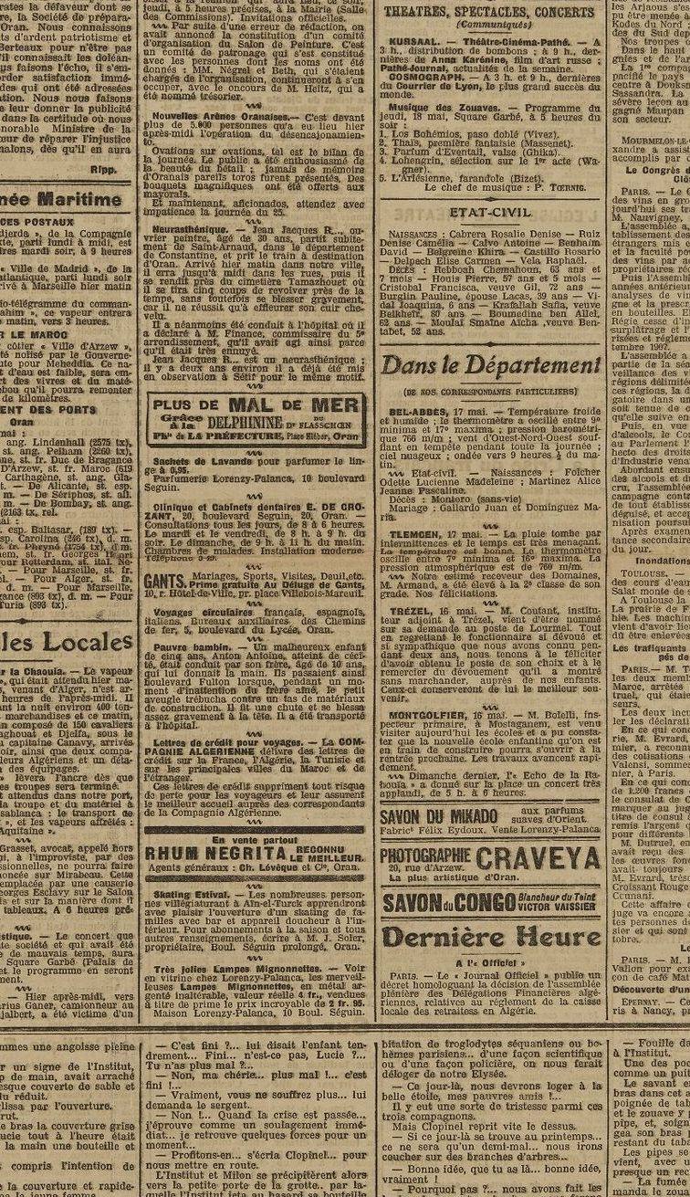 Gros plan : « M. et Mme Pradel » — un couple Pradel quitte Oran le 17 mai 1911 au soir pour Marseille.