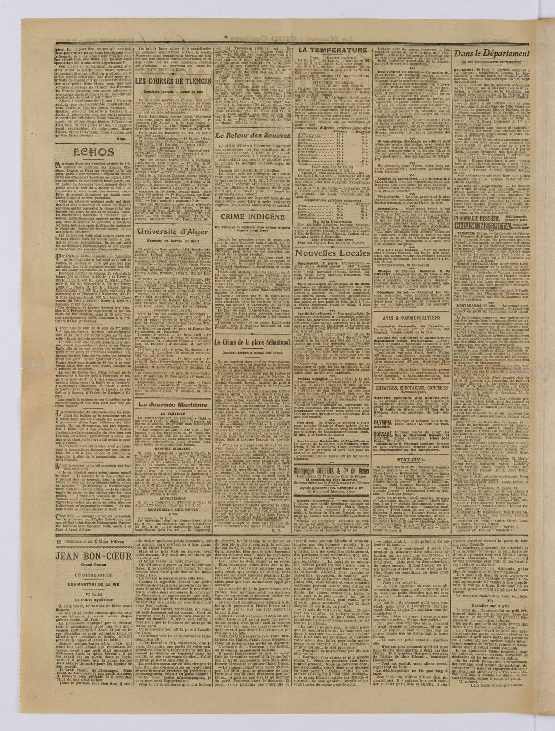 L&rsquo;Écho d&rsquo;Oran (passagers), 27 juin 1911 — page entière. Retour à Oran.