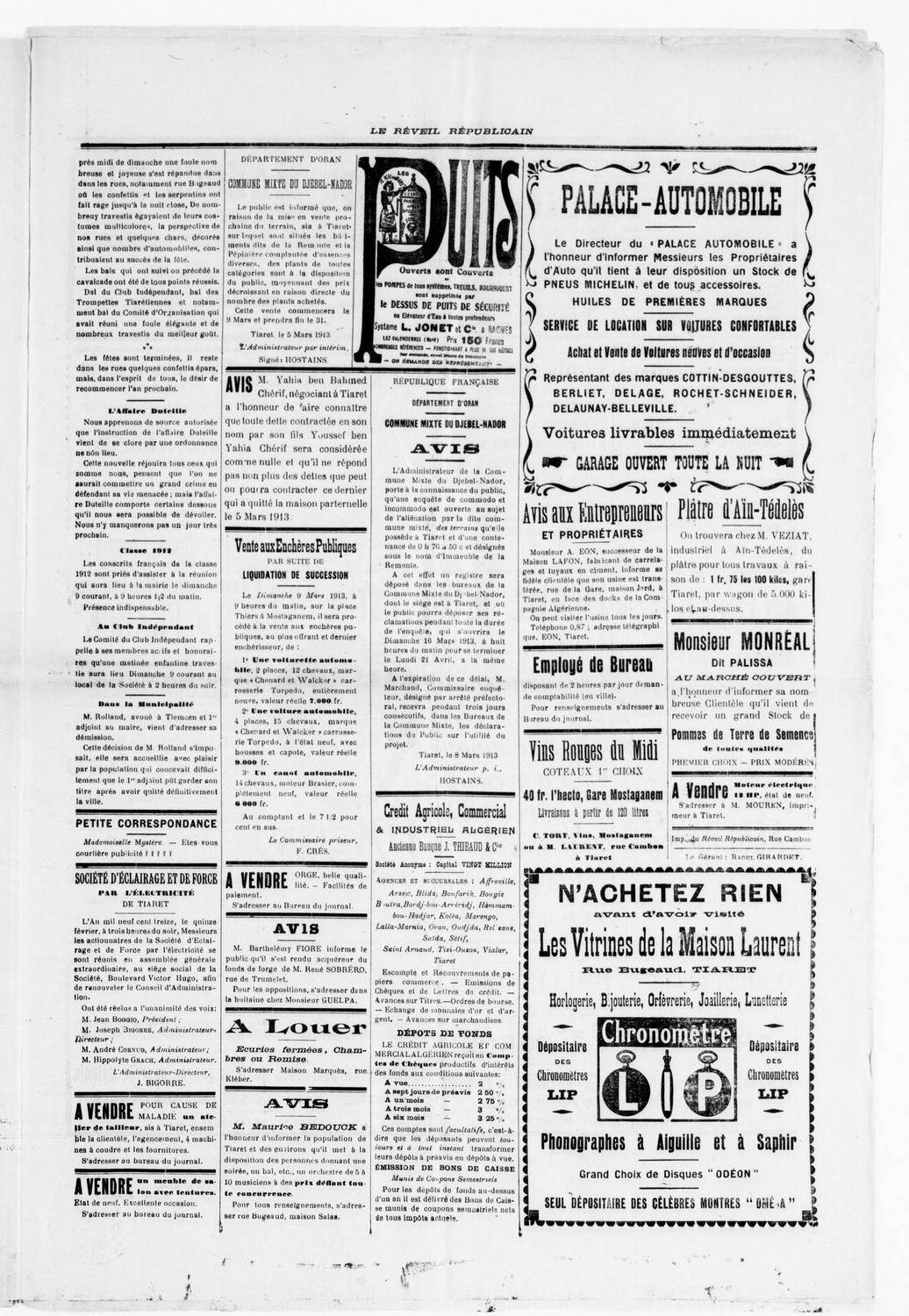 Le Réveil républicain de Tiaret, 6 mars 1913 — Louis Pradel délégué d'Oued-Lili.