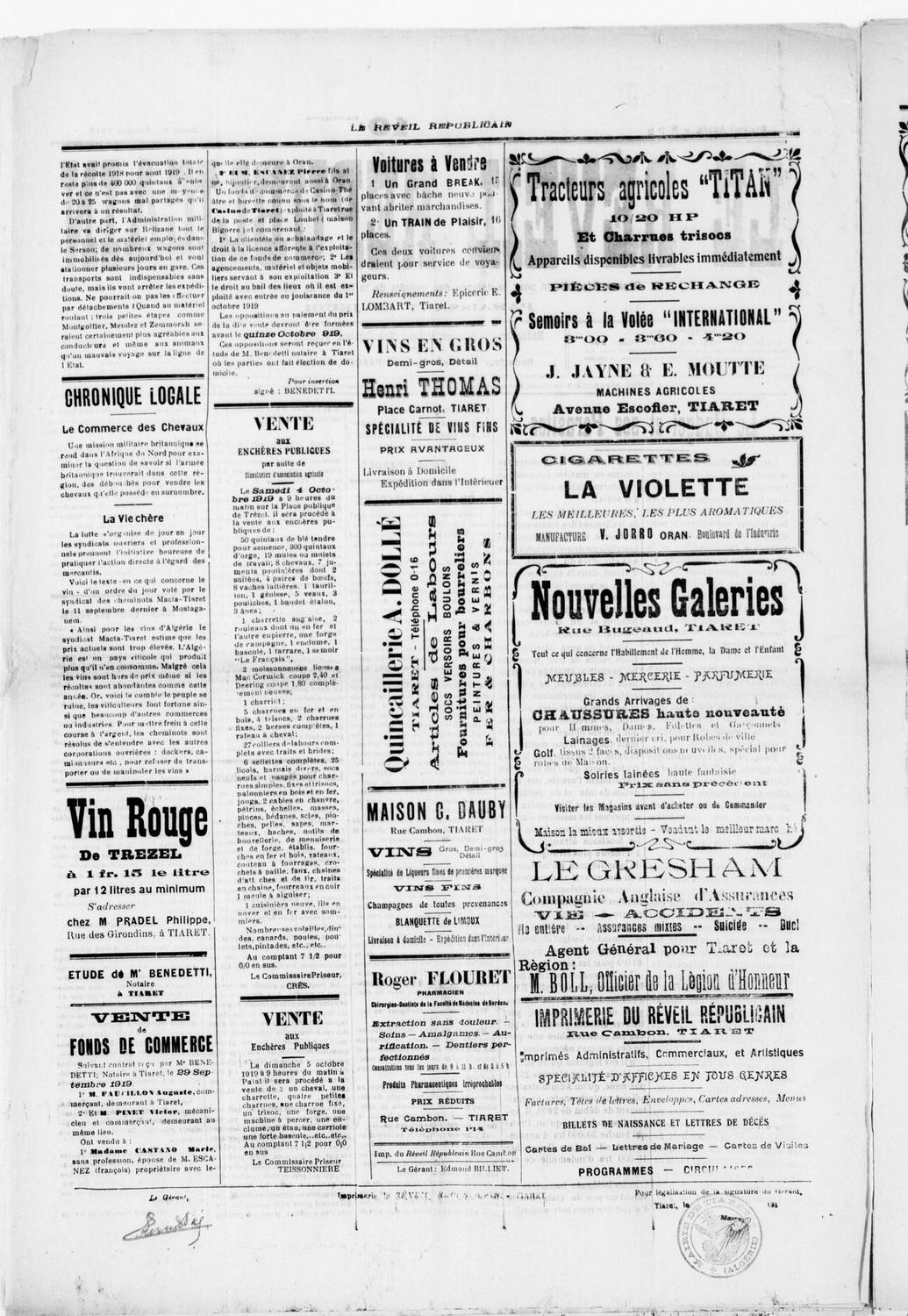 Le Réveil républicain de Tiaret, 2 octobre 1919 — page entière.