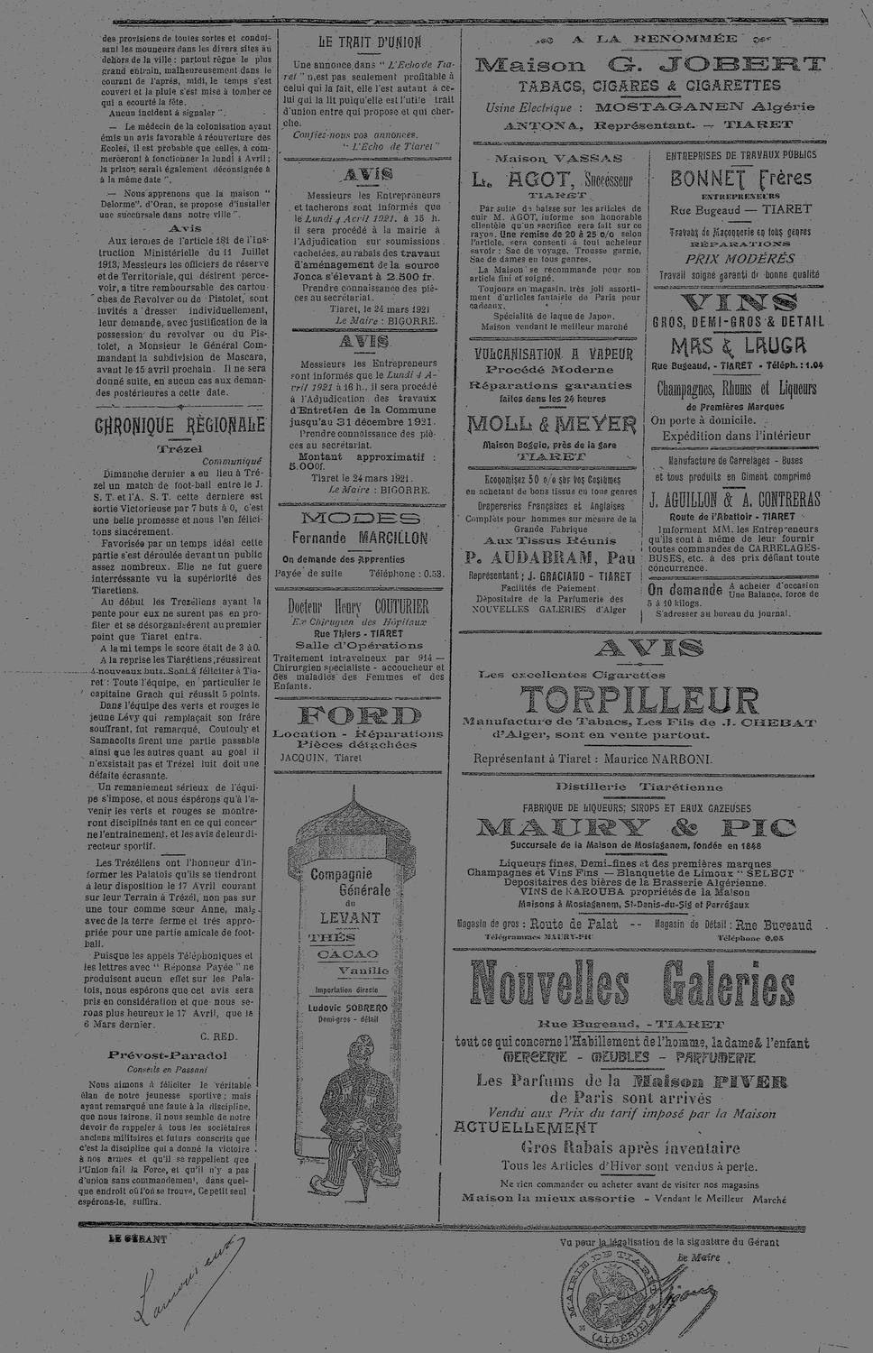 L&rsquo;Écho de Tiaret, 2 avril 1921 : « Avec peine nous apprenons la mort de M. Philippe Pradel, survenue mardi matin à Saint-Eugène. Le vieux Tiarétien... »