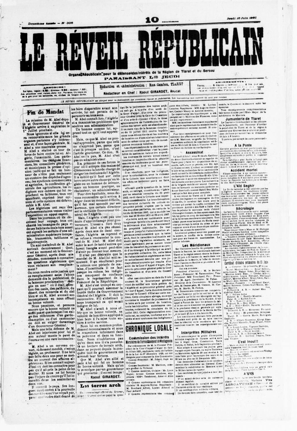 Le Réveil républicain de Tiaret, 16 juin 1921 — page entière.