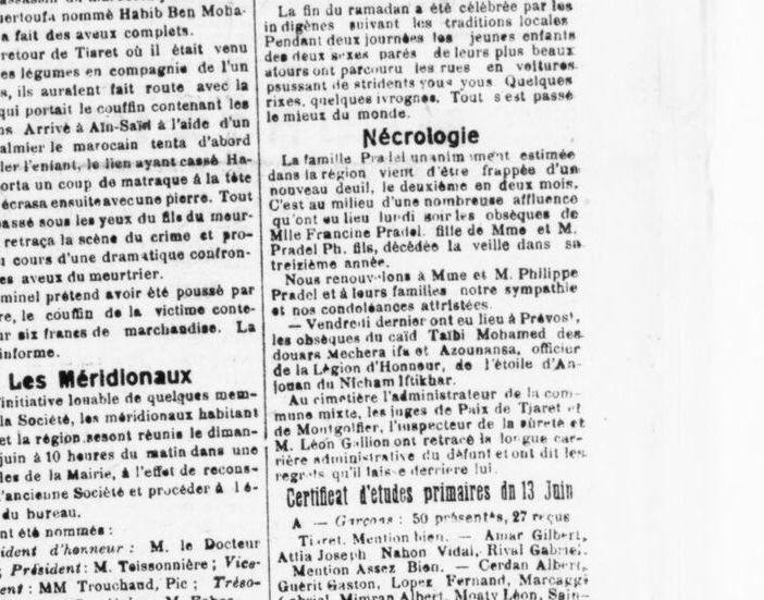 Gros plan : la mort de Francine Pradel, douze ans, fille de Philippe II et de Francine Crete, le 15 juin 1921.