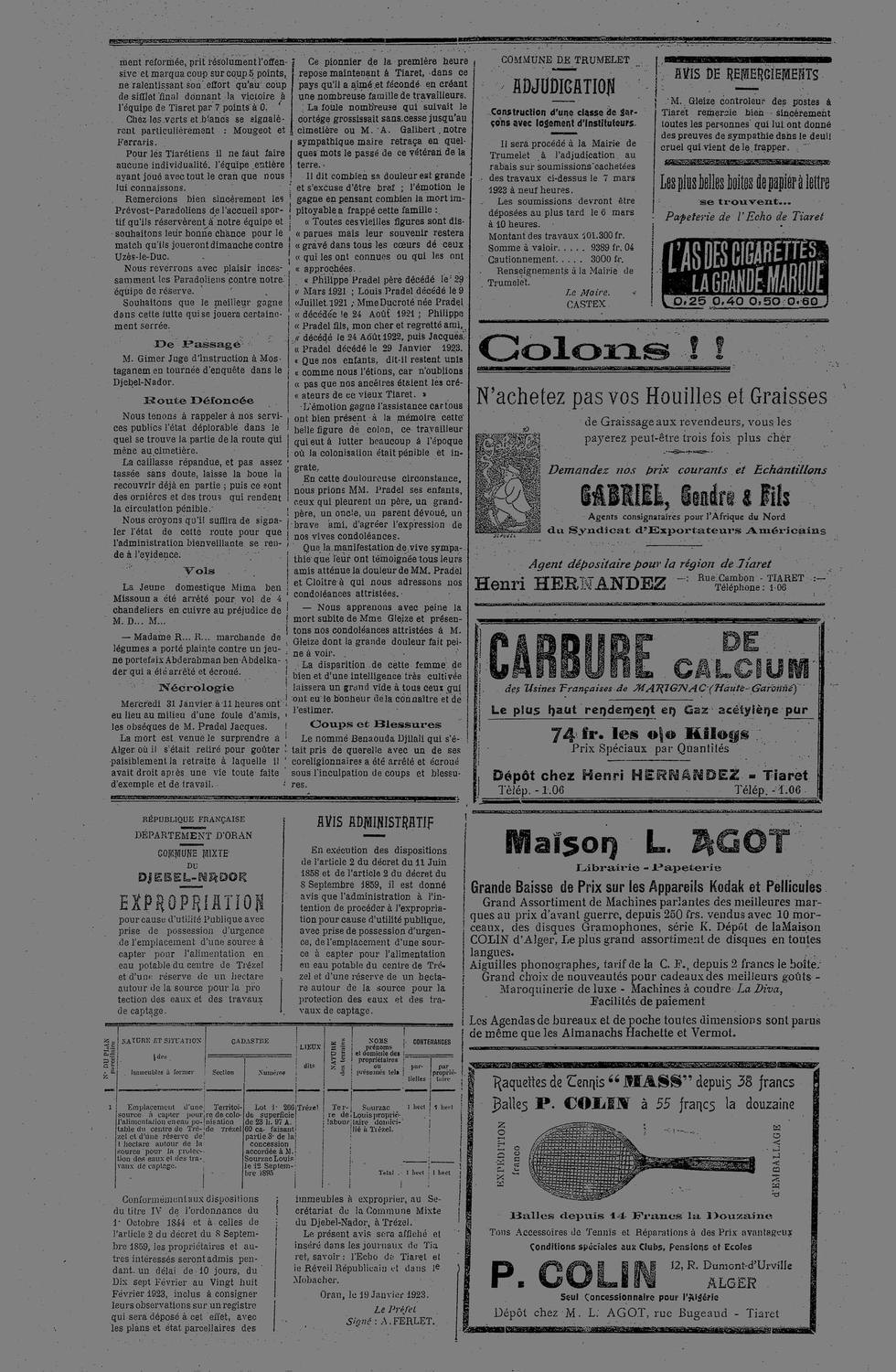 L&rsquo;Écho de Tiaret, 3 février 1923 — page entière : les obsèques de Jacques II.