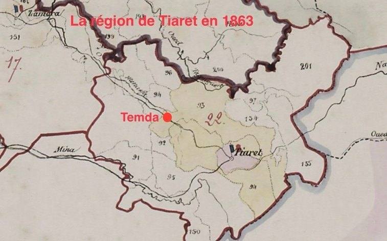 « La région de Tiaret en 1863 », avec Temda marqué en rouge — le futur domaine de Jacques II.