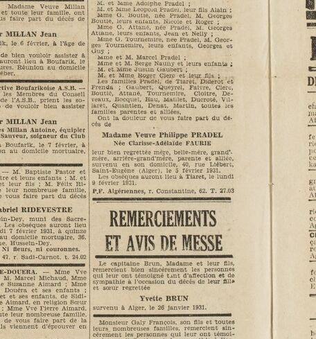 Gros plan : le décès de Mme Veuve Philippe Pradel, née Clarisse-Adélaïde Faurie, à Saint-Eugène, dix ans après son mari.