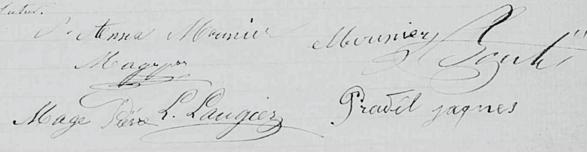 Signatures de l'acte de mariage de Louis I Pradel et Anna Maria Mounier — Aïn-Tédelès, 1875.