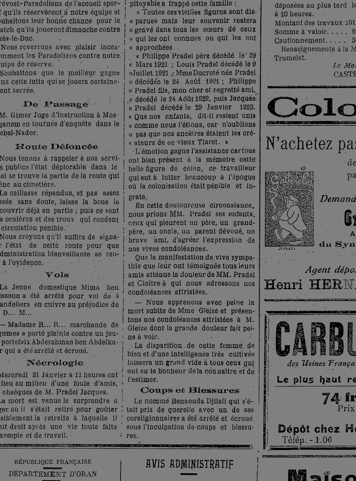 Fac-similé de L'Écho de Tiaret, 3 février 1923